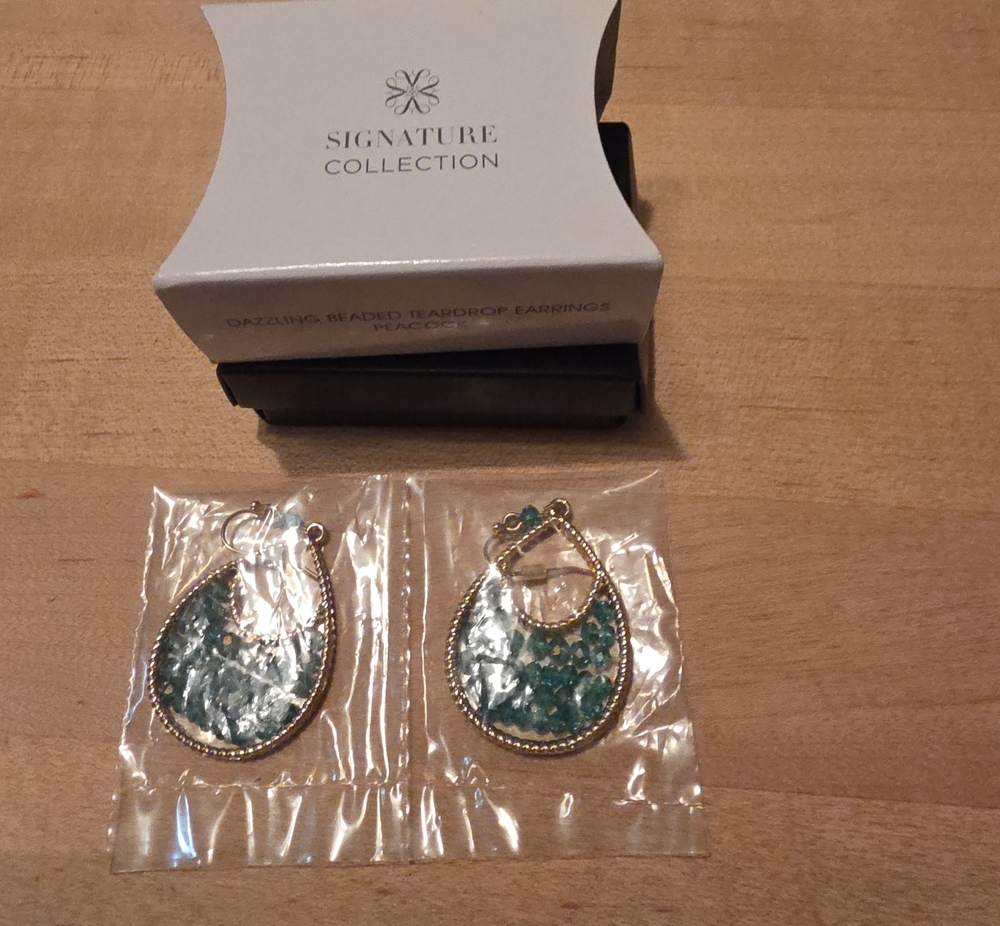 Avon Peacock Teardrop Earrings with Gold-Tone Trim